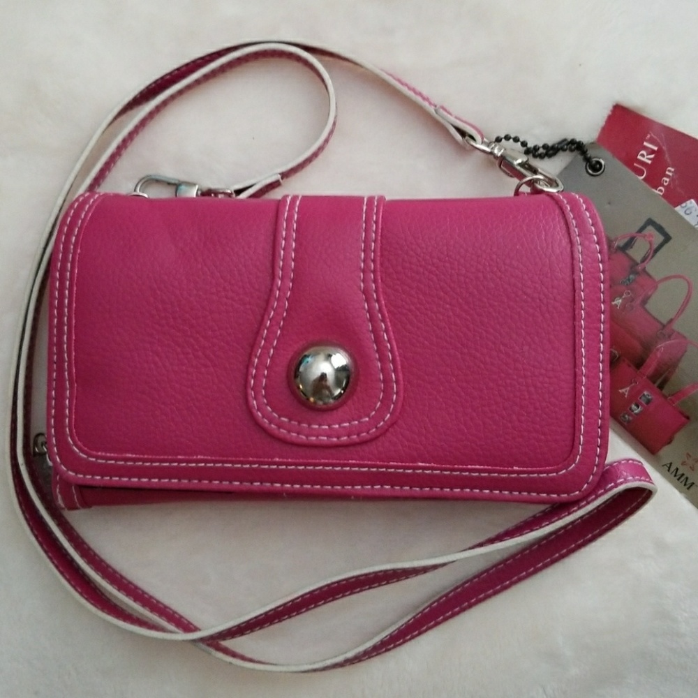 Hot pink photo wallet with purse strap